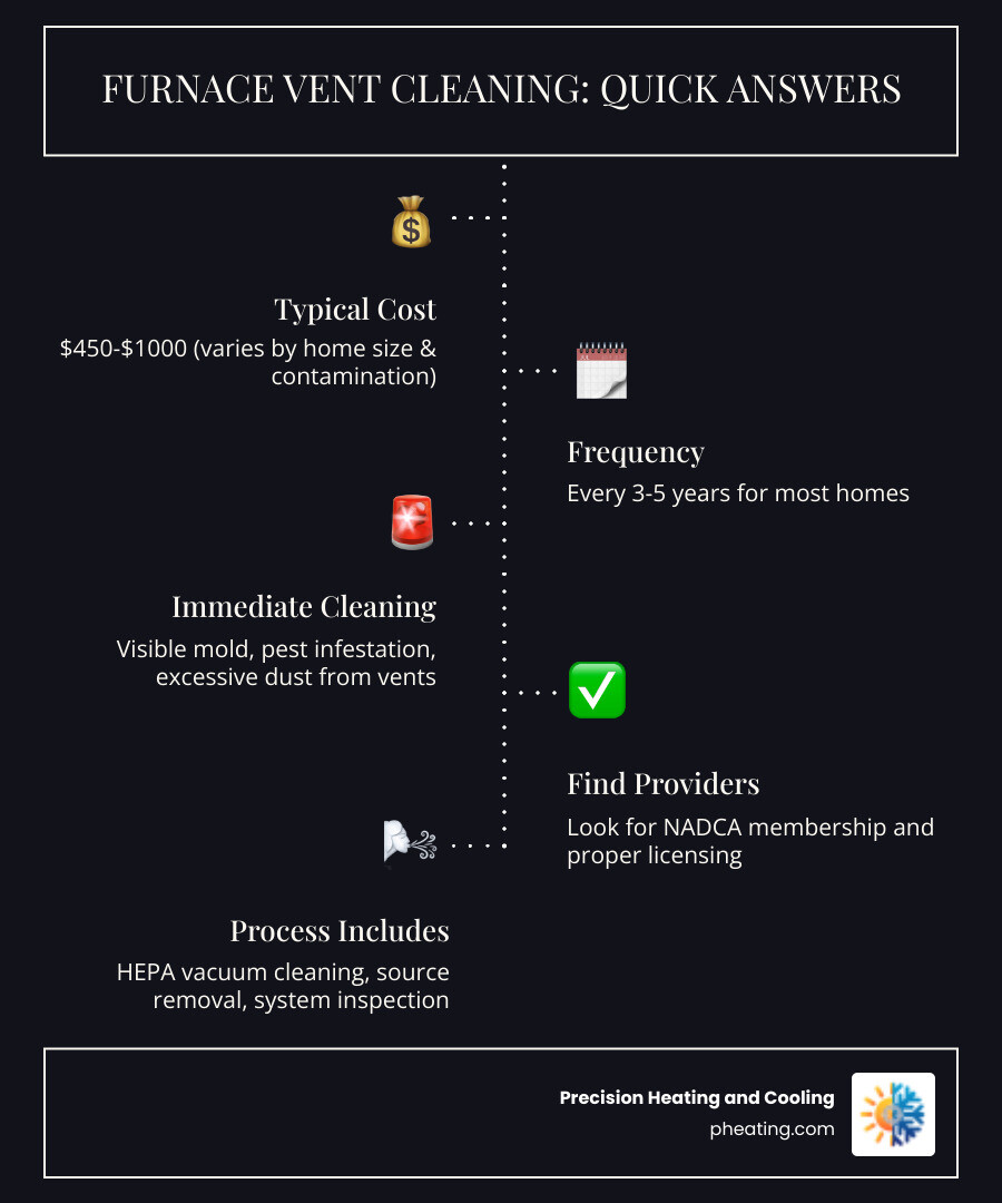 Infographic showing dust, allergens, and debris traveling through home HVAC system from dirty ducts to living spaces, with arrows indicating airflow patterns and accumulation points in ductwork, registers, and furnace components - furnace vent cleaning near me infographic infographic-line-5-steps-dark
