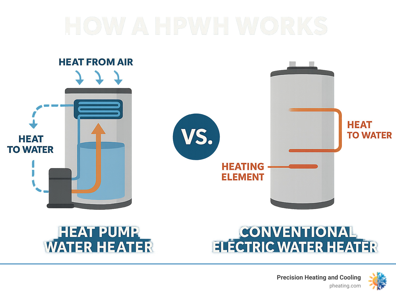 Infographic showing how an HPWH moves heat from ambient air through an evaporator coil and compressor system to heat water in a storage tank, compared to a traditional electric water heater that generates heat directly through resistance elements - hpwh infographic 