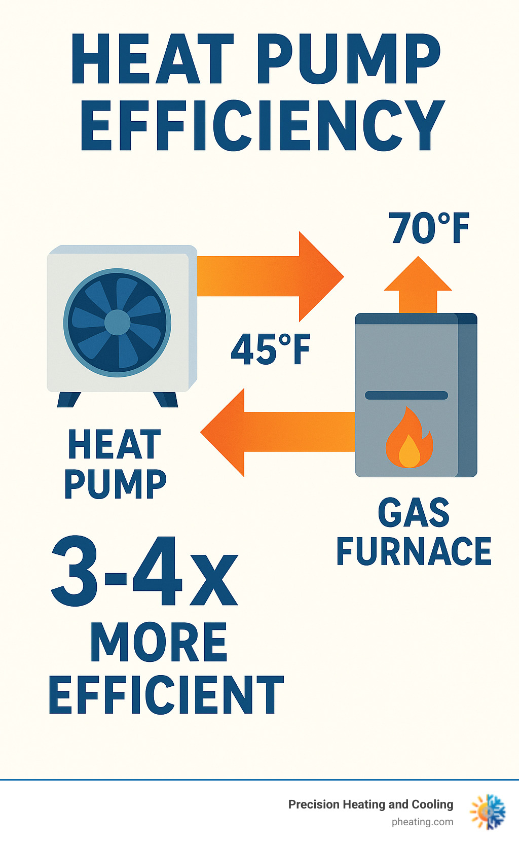Infographic showing heat pump efficiency: heat pump transferring heat from outdoor air to indoor space with arrows and temperature readings, compared to gas furnace burning fuel to create heat with flame icon, showing 3-4x efficiency difference - Bay Area heat pump infographic 