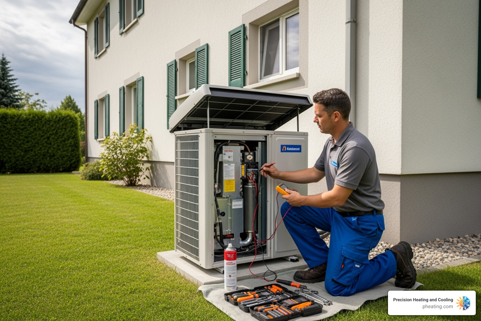 Technician servicing a heat pump's outdoor unit - Bay Area heat pump