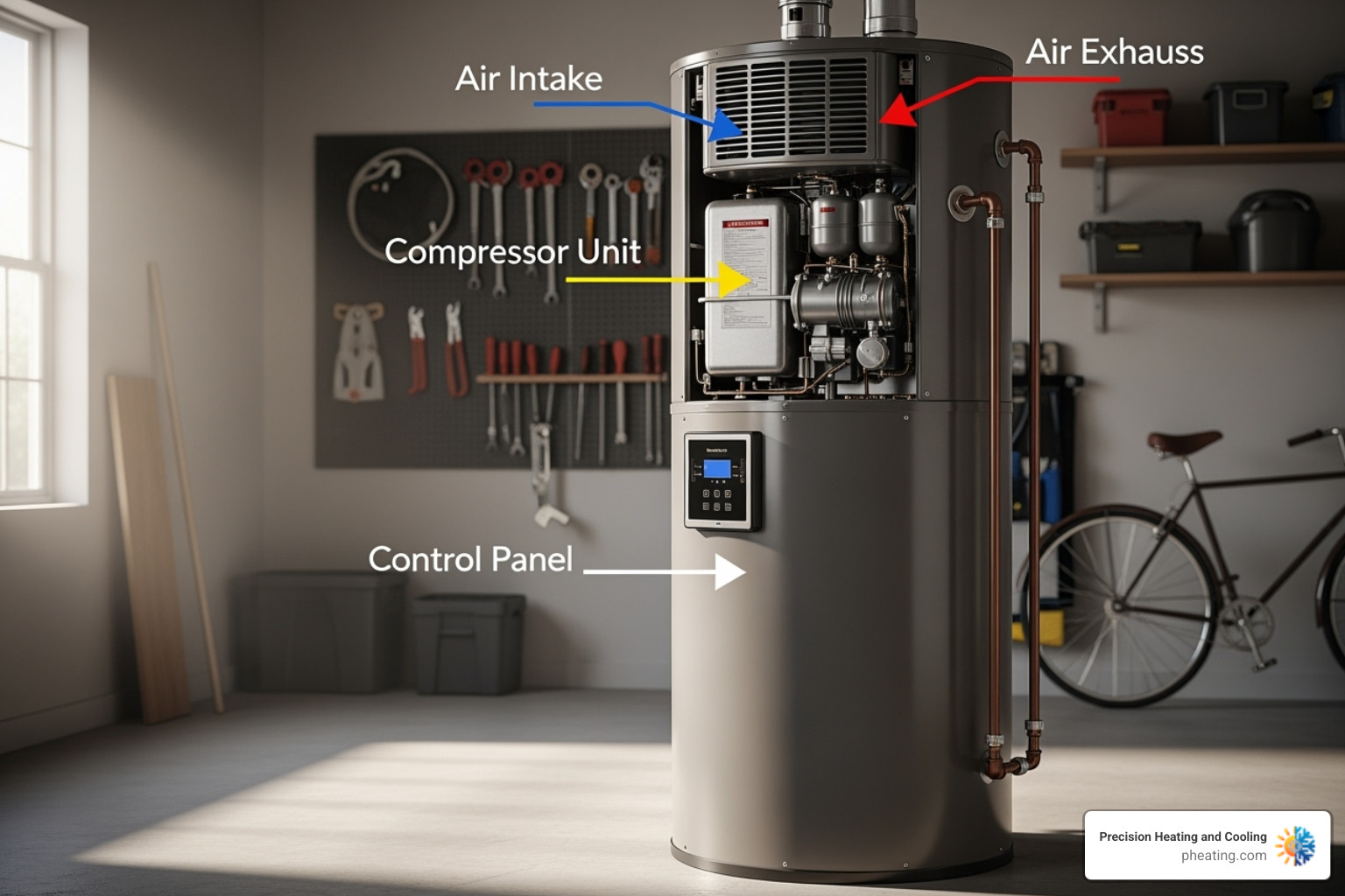 Heat pump water heater in a garage with labels pointing to key features - Palo Alto water heater