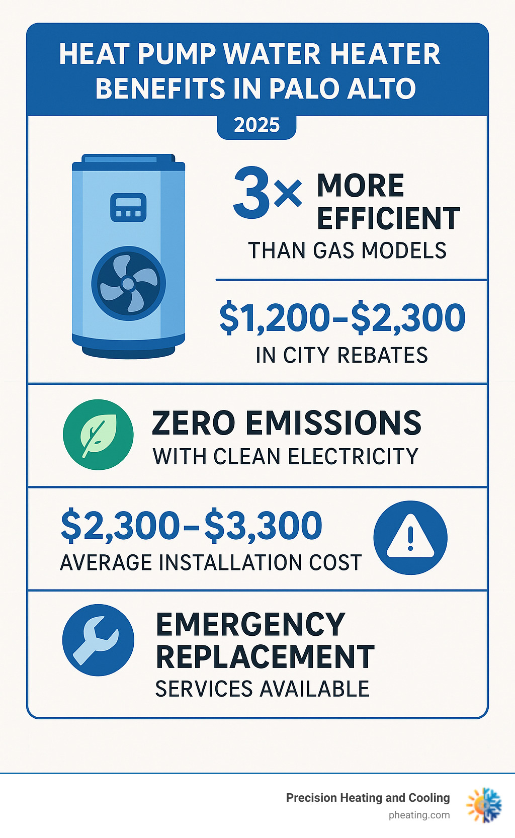 Infographic showing heat pump water heater benefits in Palo Alto including 3x efficiency improvement, $1200-2300 in city rebates, zero carbon emissions with clean electricity, average installation cost of $2300-3300, and emergency replacement services available - Palo Alto water heater infographic 