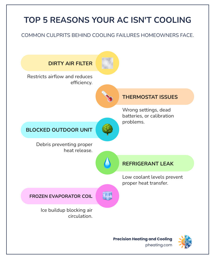 Infographic showing the 5 most common reasons an AC unit stops cooling: dirty air filter blocking airflow, thermostat set incorrectly, outdoor condenser unit blocked by debris, refrigerant leak preventing heat transfer, and frozen evaporator coil with ice buildup - AC unit not cooling infographic infographic-line-5-steps-colors