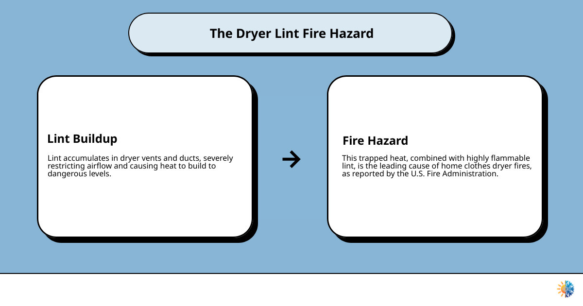 Infographic showing how lint buildup restricts airflow through dryer vents and creates fire hazards, with arrows demonstrating blocked air circulation, temperature buildup, and potential ignition points in the vent system - remove lint from dryer infographic cause_effect_text