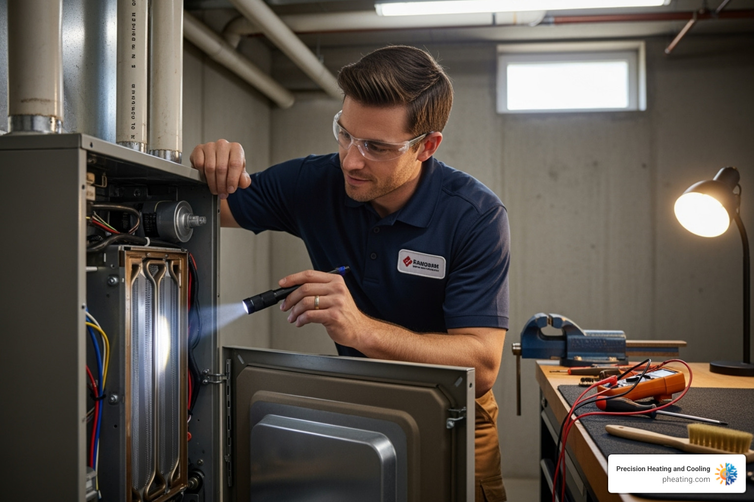 of a friendly technician inspecting a furnace - heat exchanger crack
