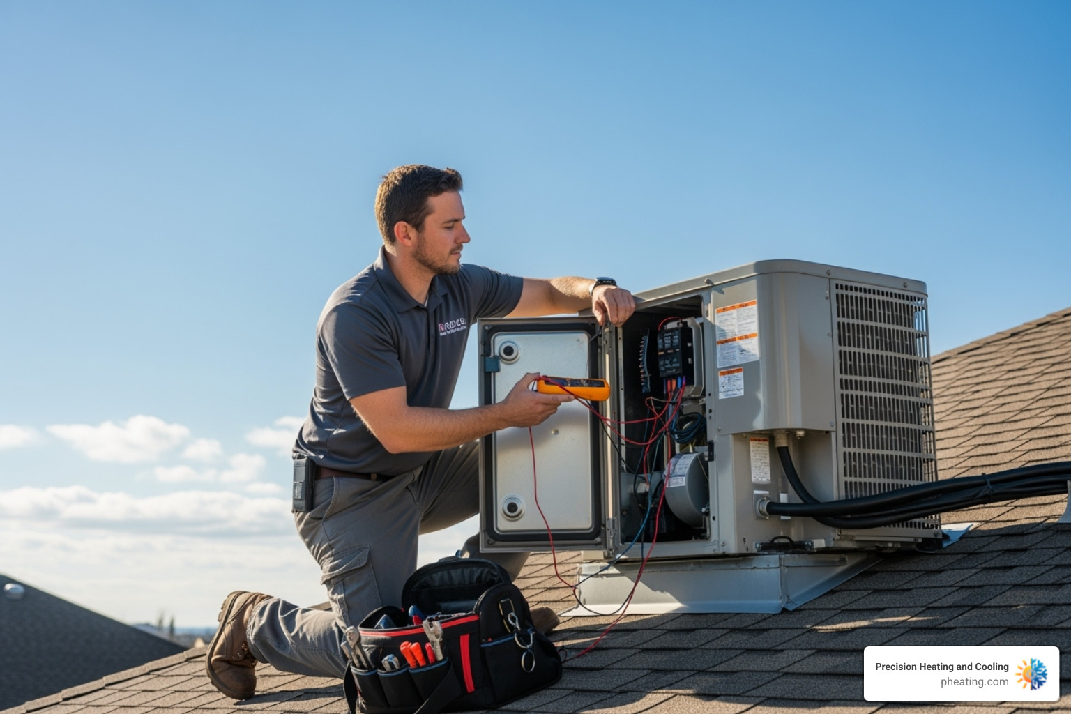 A technician working on a residential rooftop HVAC unit, highlighting the size and complexity differences with commercial systems - AC repair Los Gatos