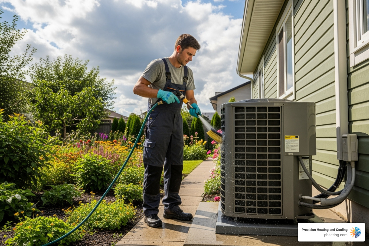 A technician cleaning an outdoor condenser unit, highlighting the importance of regular maintenance - AC repair Los Gatos