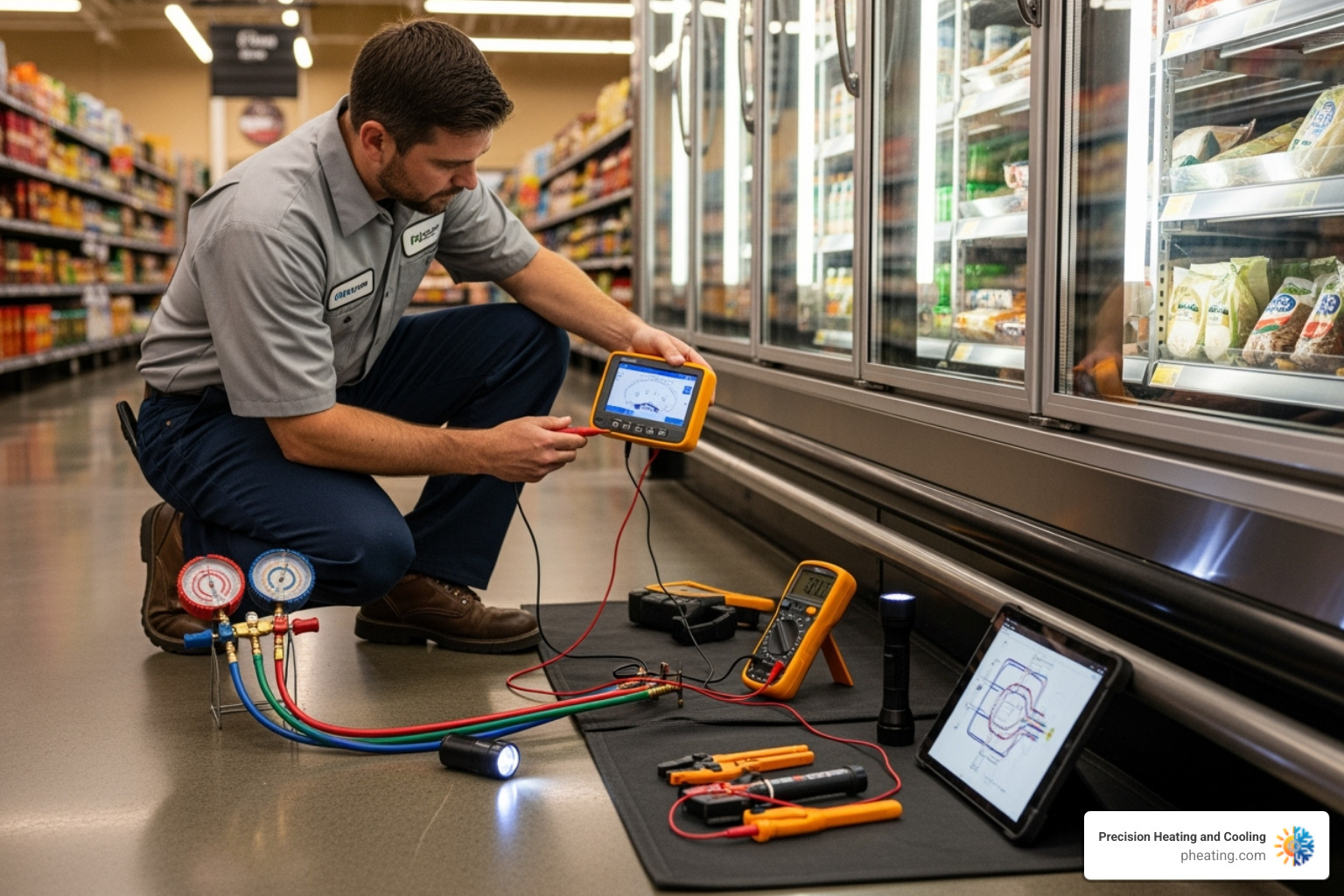 technician using diagnostic tools on a refrigeration unit - commercial cooler repair