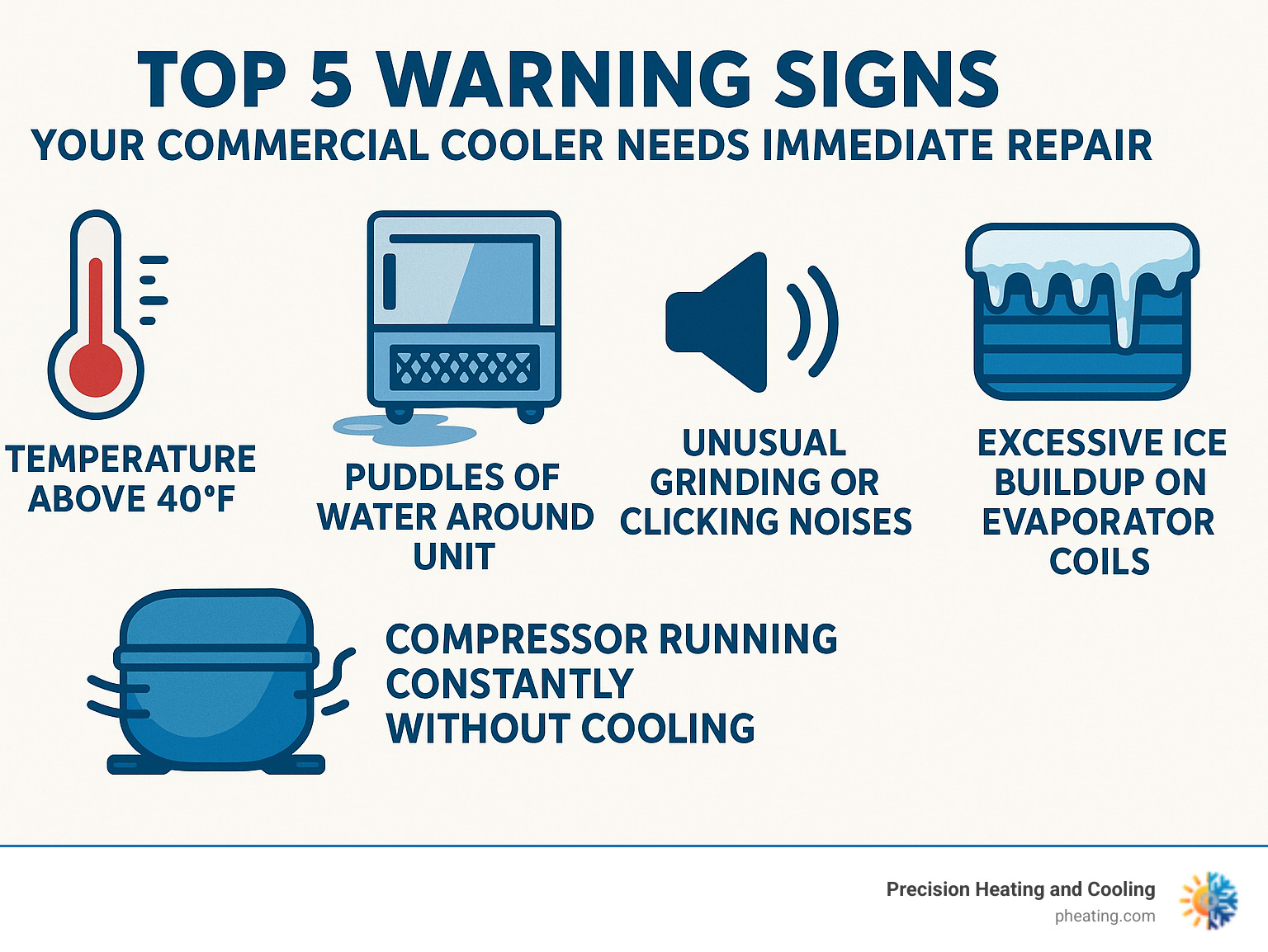Infographic showing the top 5 warning signs your commercial cooler needs immediate repair: temperature above 40°F, puddles of water around unit, unusual grinding or clicking noises, excessive ice buildup on evaporator coils, and compressor running constantly without cooling - commercial cooler repair infographic 