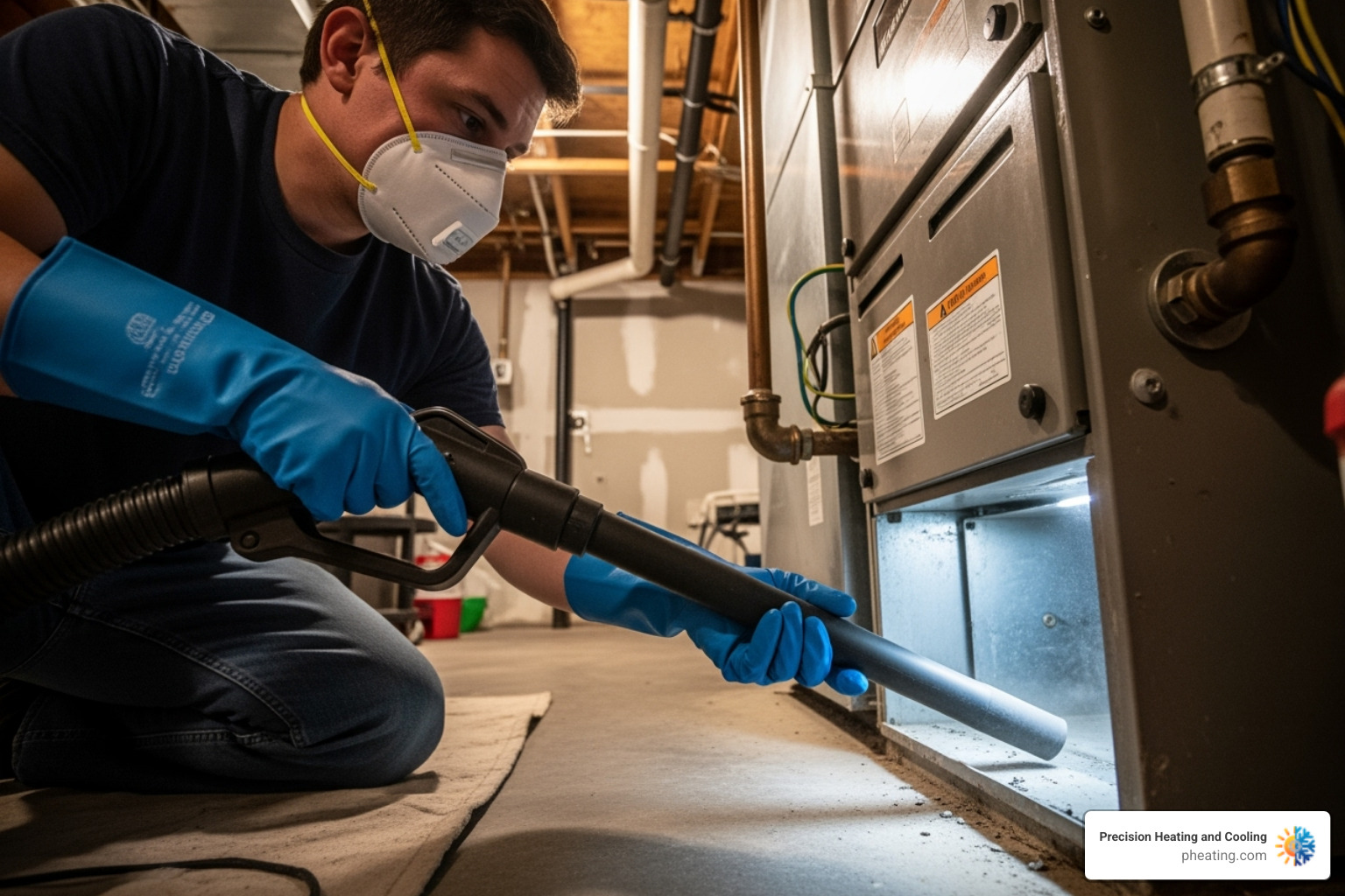 a person wearing gloves and a mask using a shop vacuum on a duct opening - clean furnace ducts