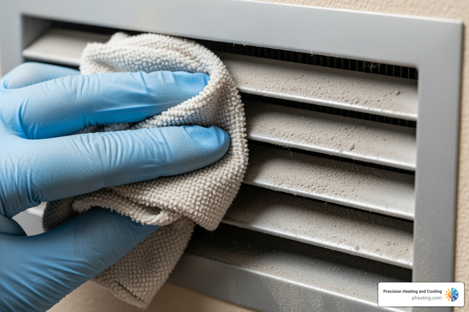 a hand wiping thick dust from an air vent grille - clean furnace ducts