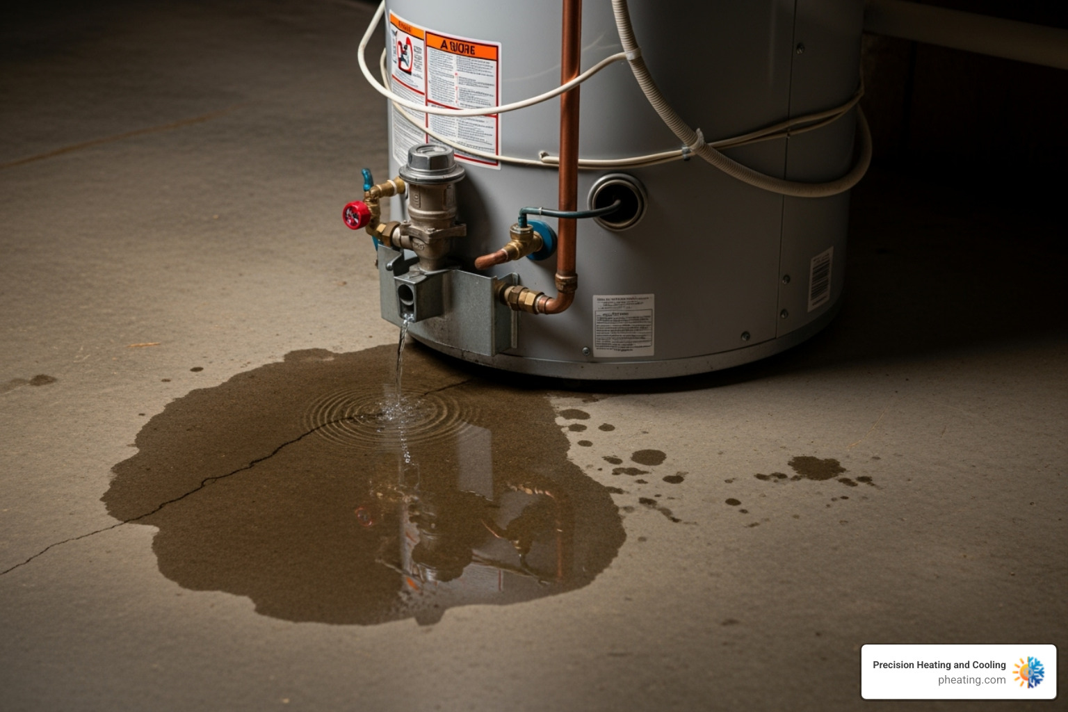 a water heater with a small puddle of water at its base - local water heater service