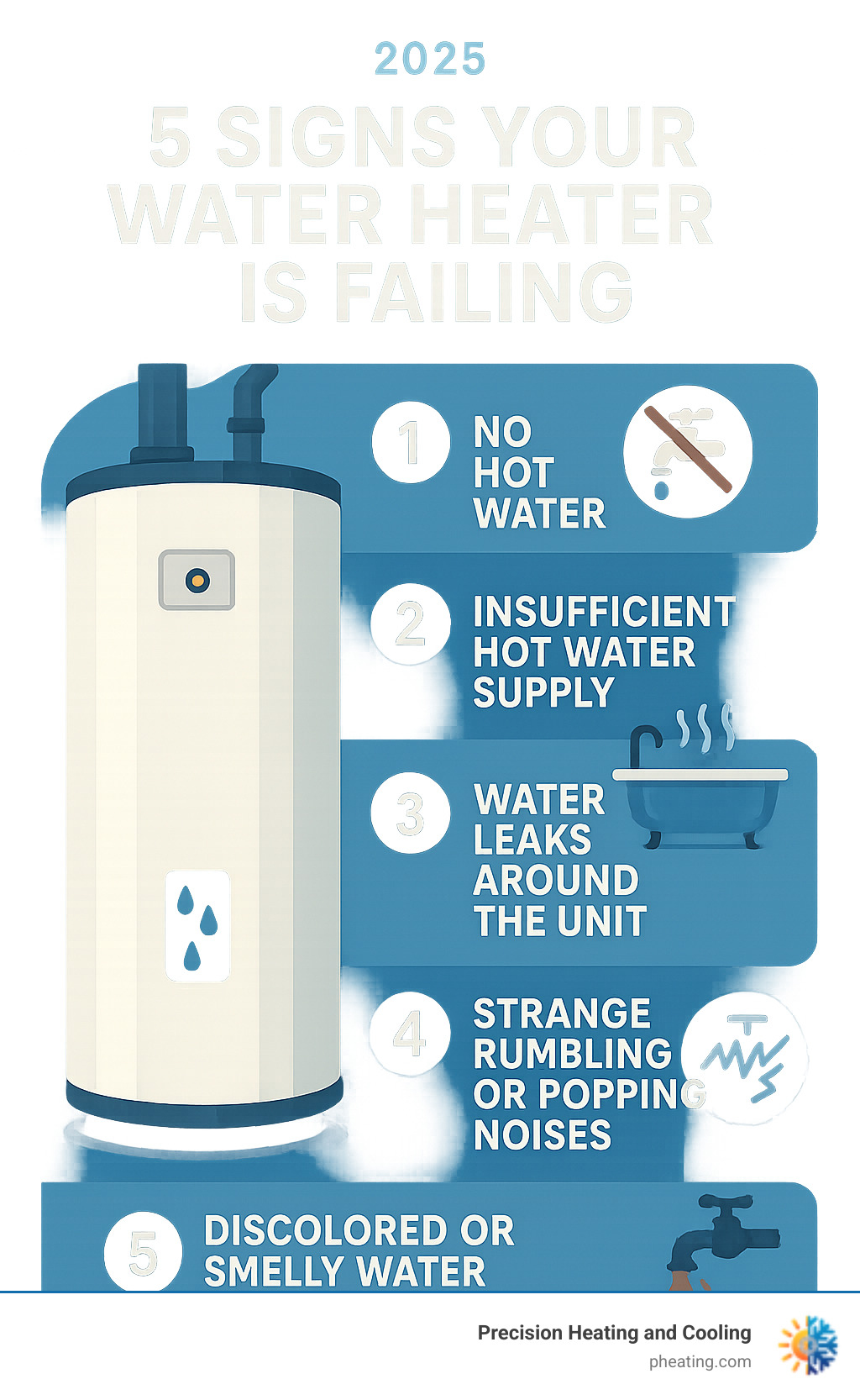 Infographic showing the 5 most common signs your water heater is failing: no hot water, insufficient hot water supply, water leaks around the unit, strange rumbling or popping noises, and discolored or smelly water coming from taps - local water heater service infographic 