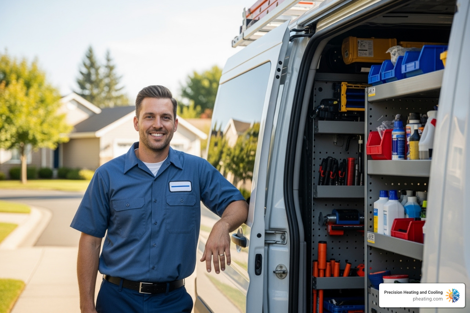 a friendly, uniformed technician with a well-stocked service van - local water heater service