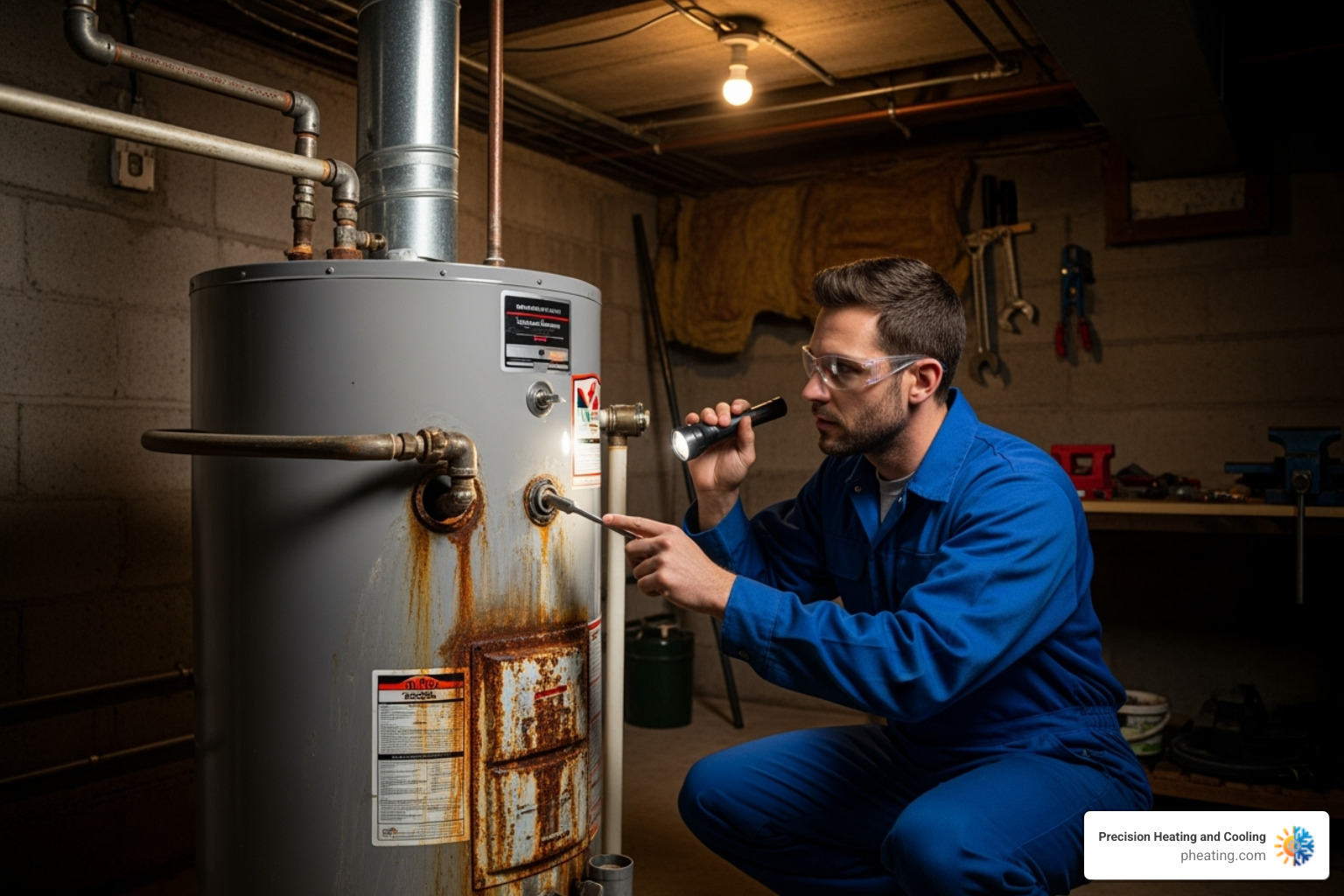 a technician inspecting an older water heater - local water heater service