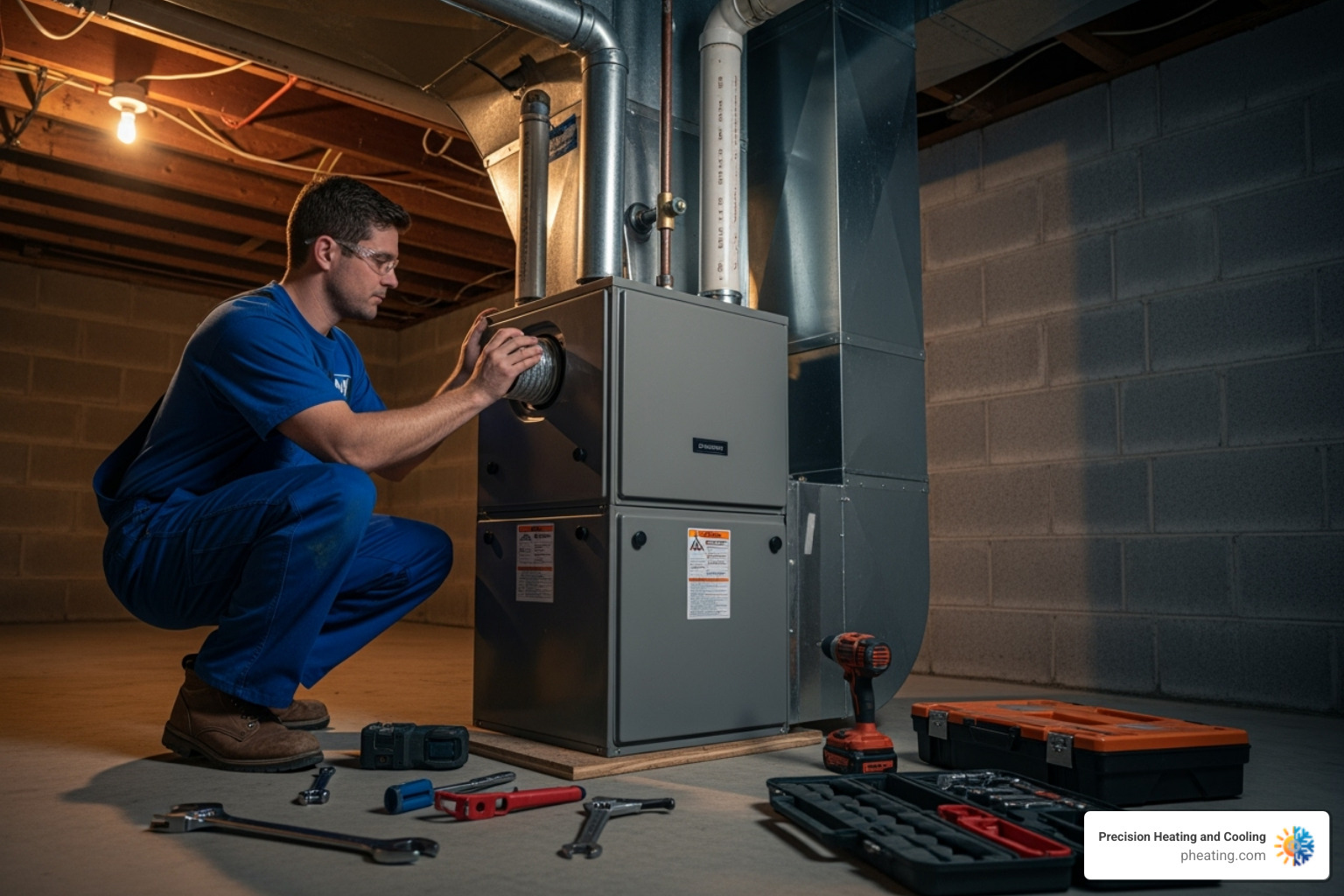 A NATE-certified technician carefully installing a furnace - Furnace installation San Jose