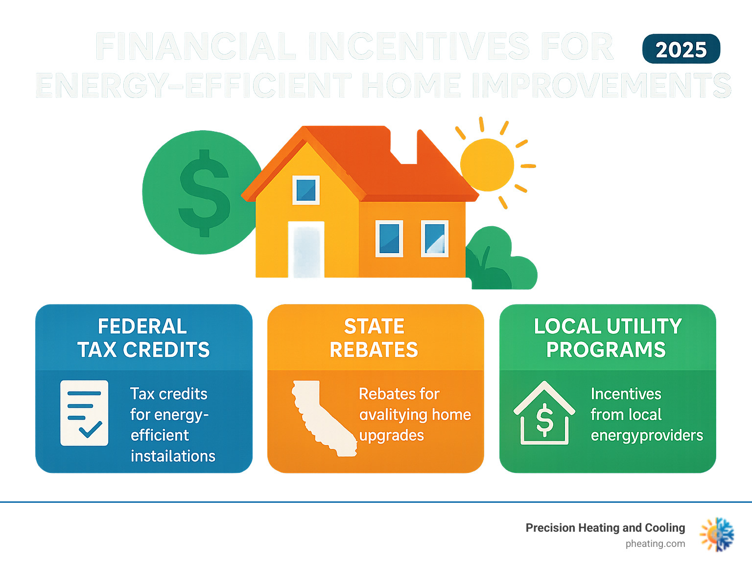 Infographic showing various financial incentives for energy-efficient home improvements, including federal tax credits, state rebates, and local utility programs - ac service fresno infographic 