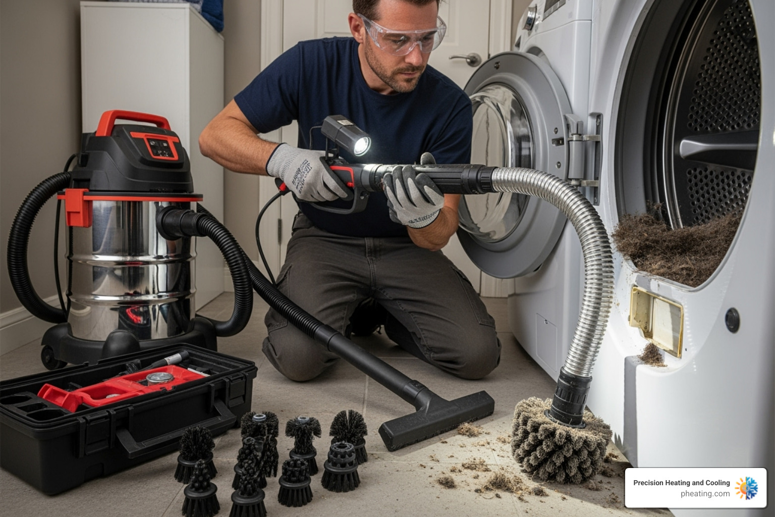 Image of a technician using a rotary brush system in a dryer vent - lint removal service