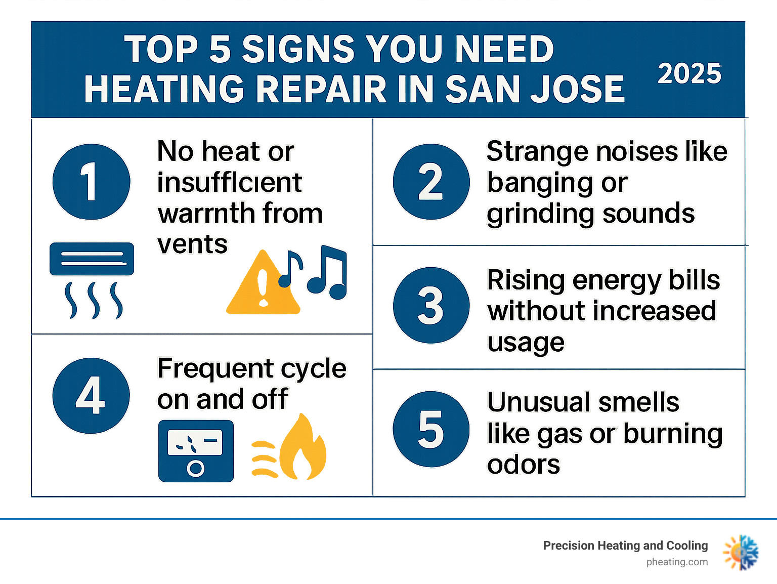 Infographic showing the top 5 signs you need heating repair in San Jose: 1) No heat or insufficient warmth from vents, 2) Strange noises like banging or grinding sounds, 3) Rising energy bills without increased usage, 4) Frequent cycling on and off, 5) Unusual smells like gas or burning odors - heating repair san jose infographic 