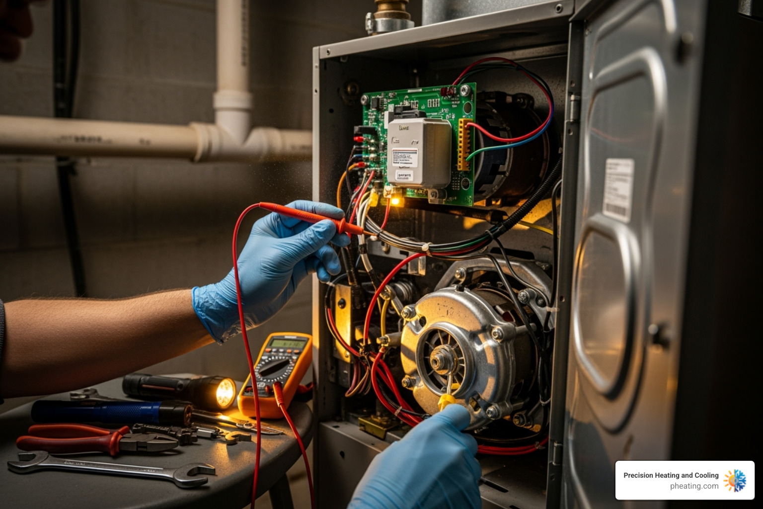 technician's hands working on an open furnace unit - heating repair san jose