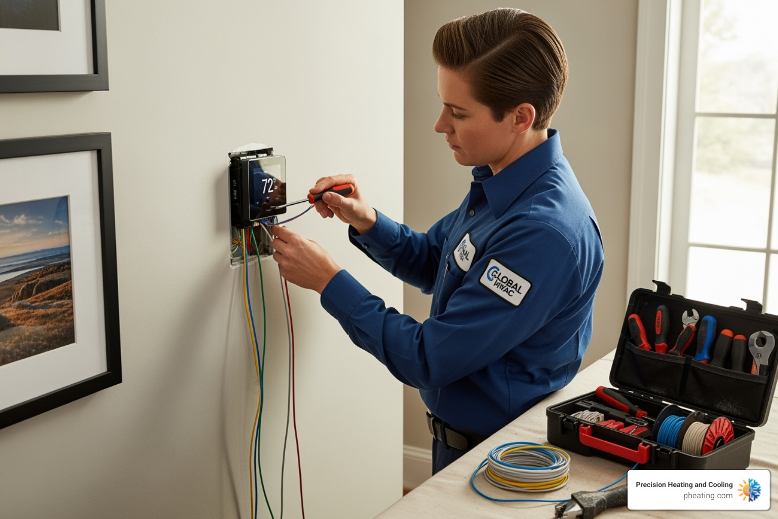 Technician installing a smart thermostat - 20 years experience