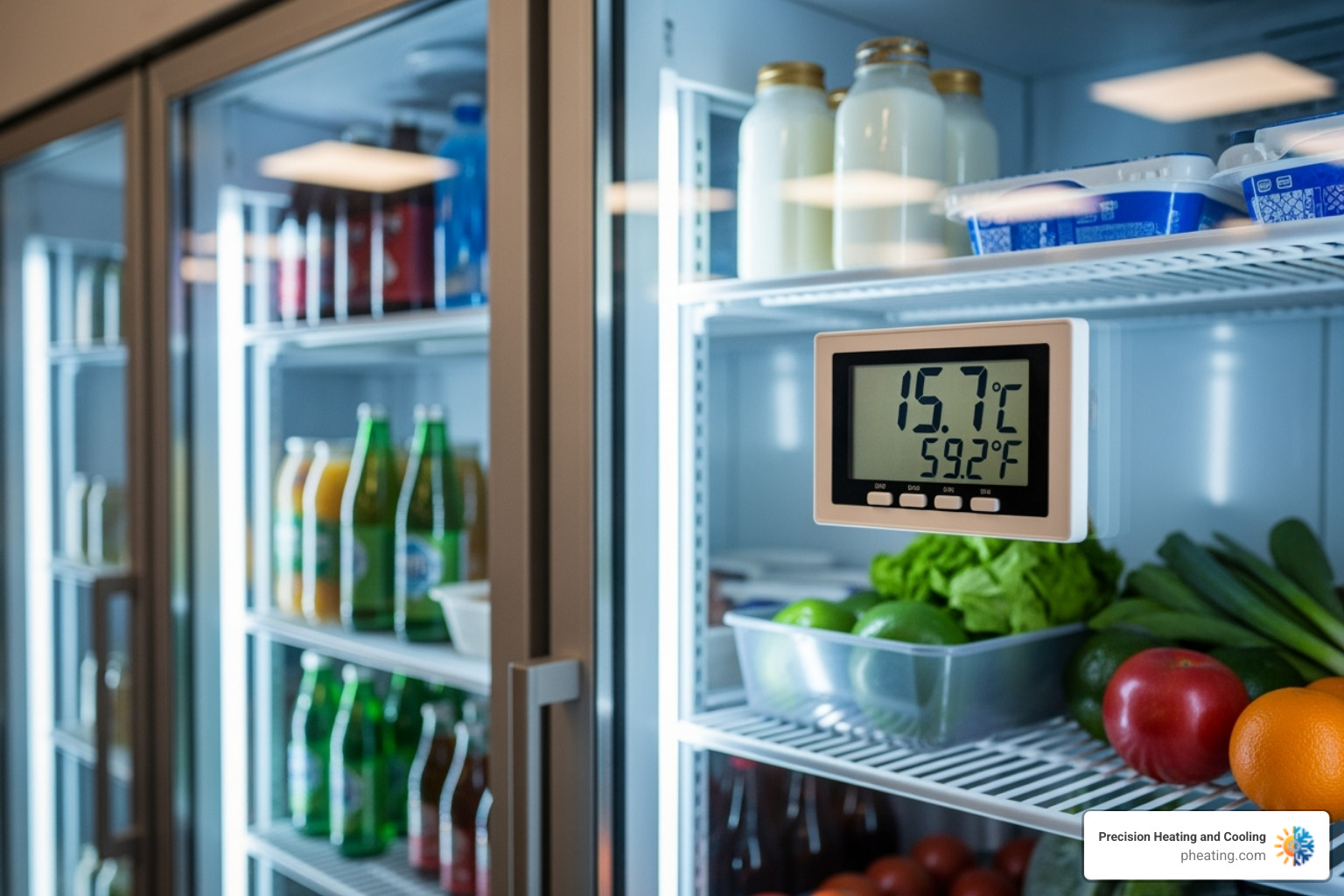 thermometer inside a refrigerator showing a warm temperature - commercial refrigeration troubleshooting