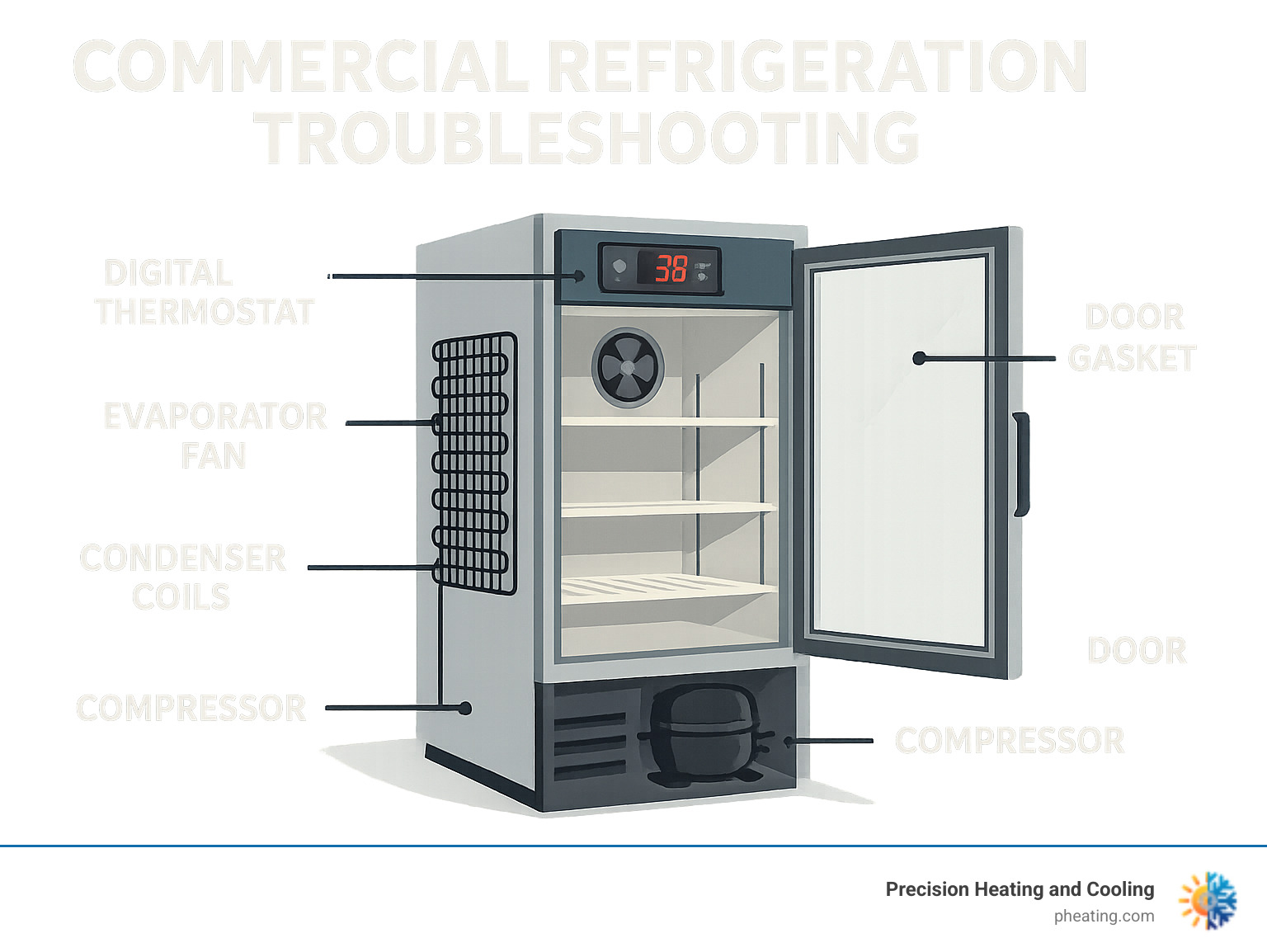 Infographic showing the main components of a commercial refrigerator including compressor at the bottom, condenser coils on the back, evaporator fan inside the unit, digital thermostat control panel, and door gasket seals around the edges, with labels and arrows pointing to each component - commercial refrigeration troubleshooting infographic 