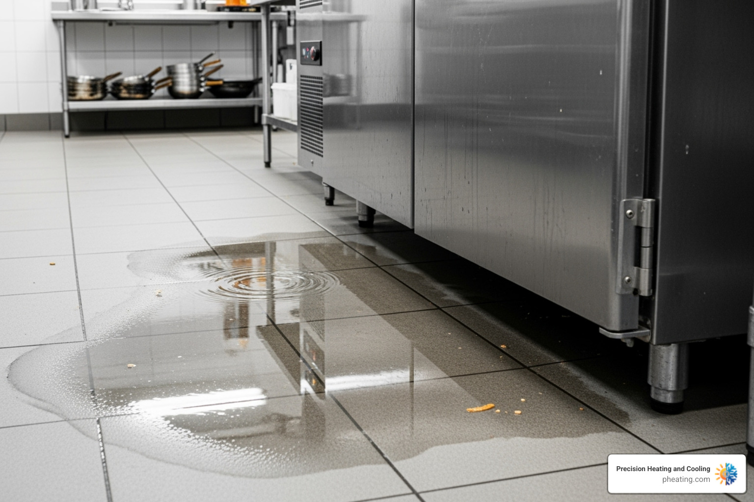 puddle of water next to a commercial refrigerator - commercial refrigeration troubleshooting