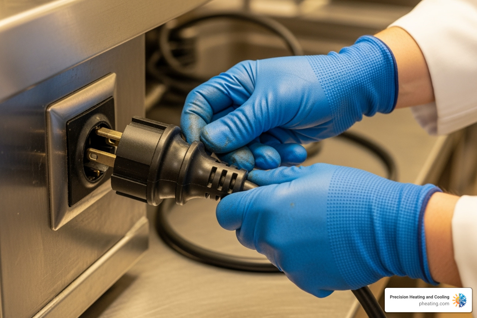 person wearing safety gloves unplugging a commercial refrigerator - commercial refrigeration troubleshooting