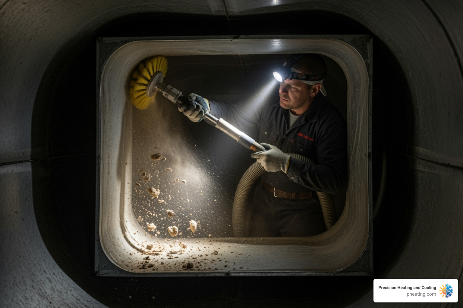 technician using a rotary brush inside a duct - allergy relief duct cleaning technician using a rotary brush inside a duct - allergy relief duct cleaning