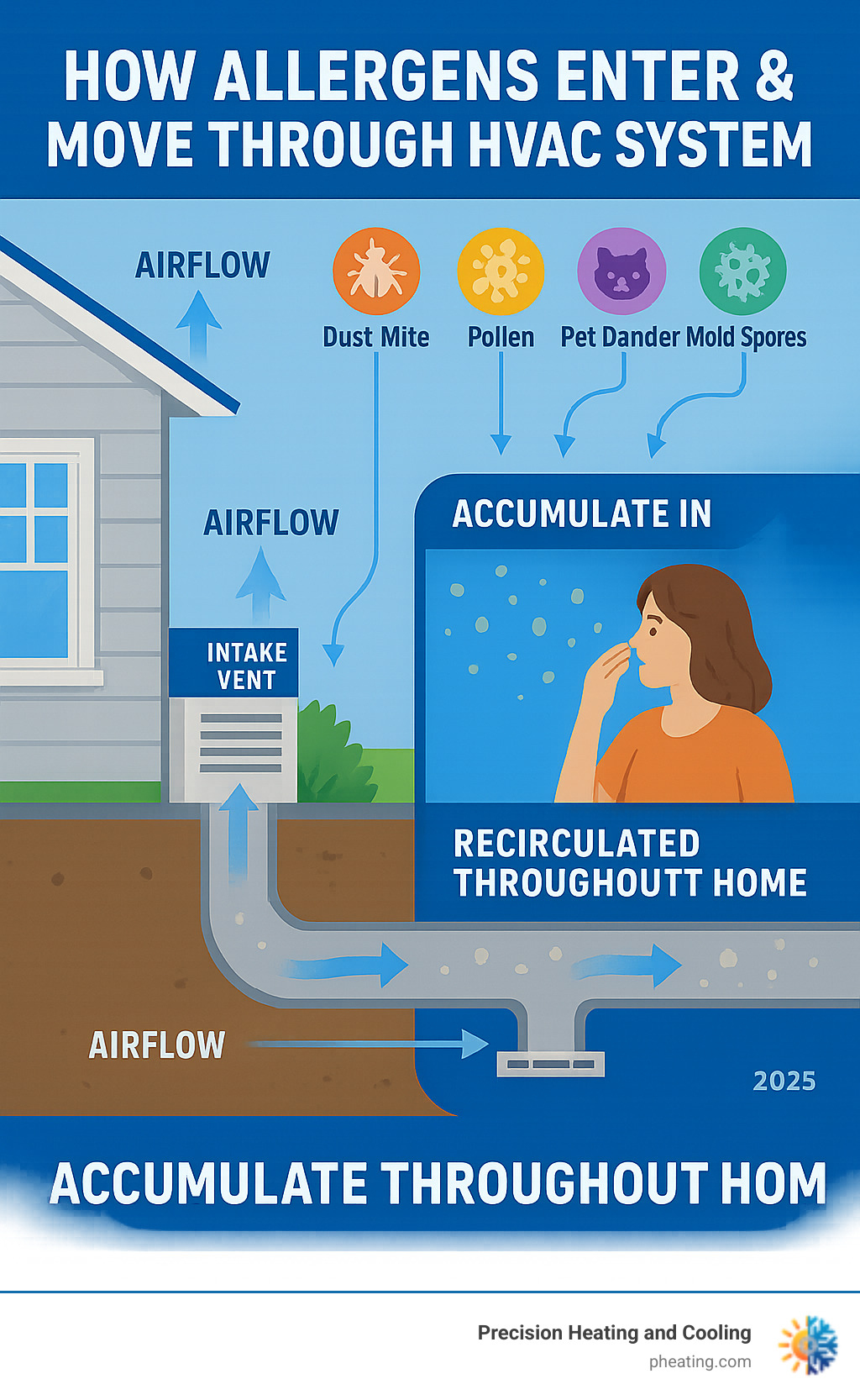 Detailed infographic showing how allergens enter HVAC systems through intake vents, accumulate in ductwork over time, and get recirculated throughout the home 5-7 times daily, with arrows indicating airflow patterns and highlighting common allergen types like dust mites, pollen, pet dander, and mold spores - allergy relief duct cleaning infographic Detailed infographic showing how allergens enter HVAC systems through intake vents, accumulate in ductwork over time, and get recirculated throughout the home 5-7 times daily, with arrows indicating airflow patterns and highlighting common allergen types like dust mites, pollen, pet dander, and mold spores - allergy relief duct cleaning infographic