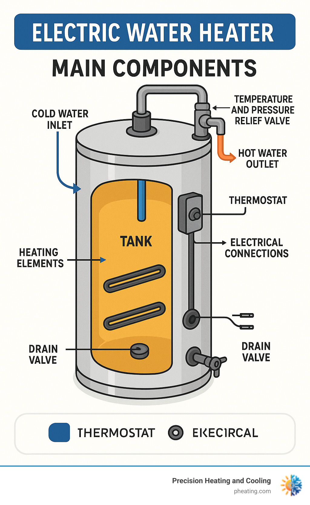 Detailed diagram showing the main components of an electric water heater including the tank, heating elements, thermostat, temperature and pressure relief valve, drain valve, and electrical connections with labels and flow directions - hot water tank installation infographic 