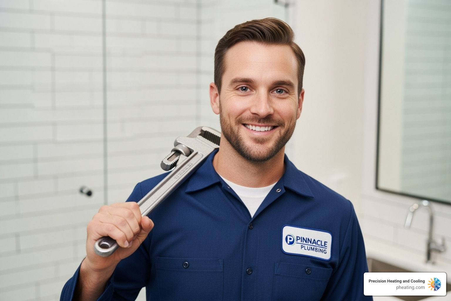 professional plumber smiling and holding a wrench - hot water tank installation