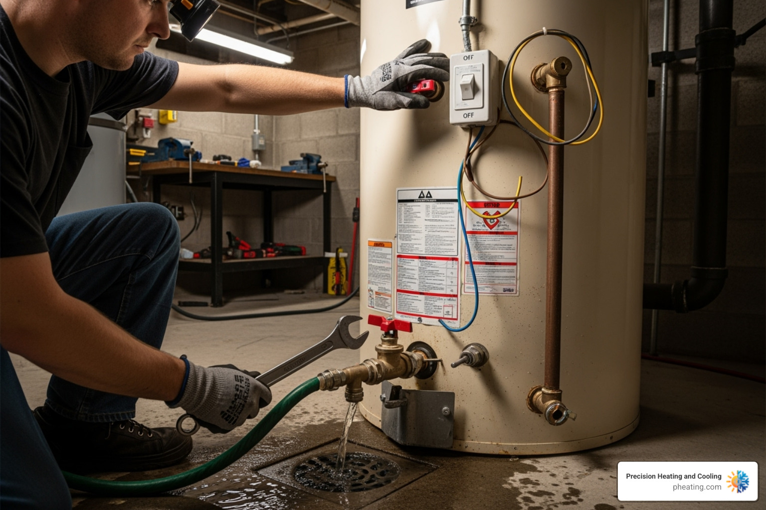 person safely disconnecting an old water heater - hot water tank installation