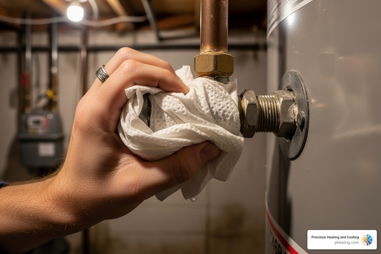 hand checking a pipe connection for leaks with a dry paper towel - hot water tank installation