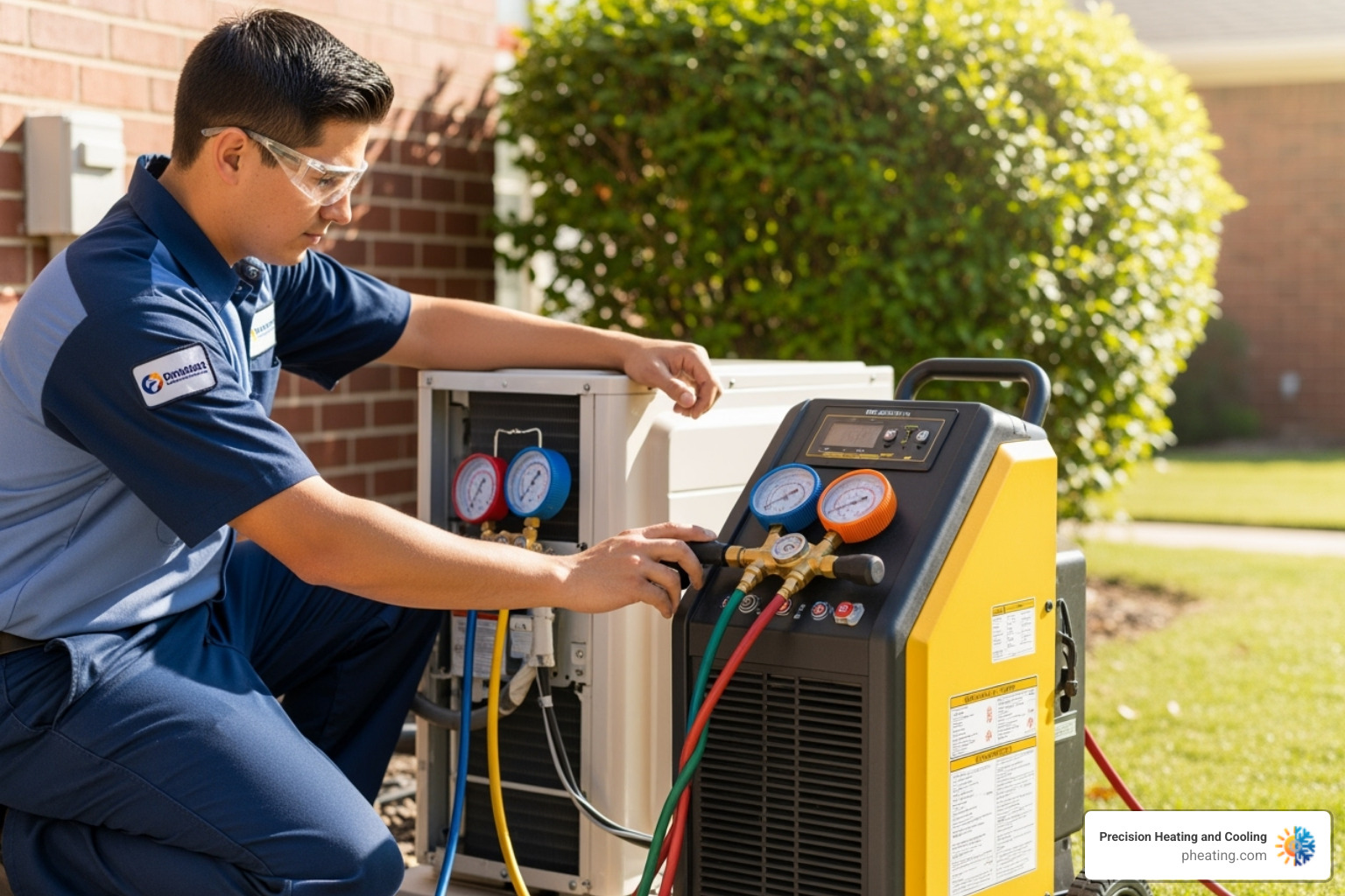 Precision Heating and Cooling technician using a refrigerant recovery machine - air con recharge service