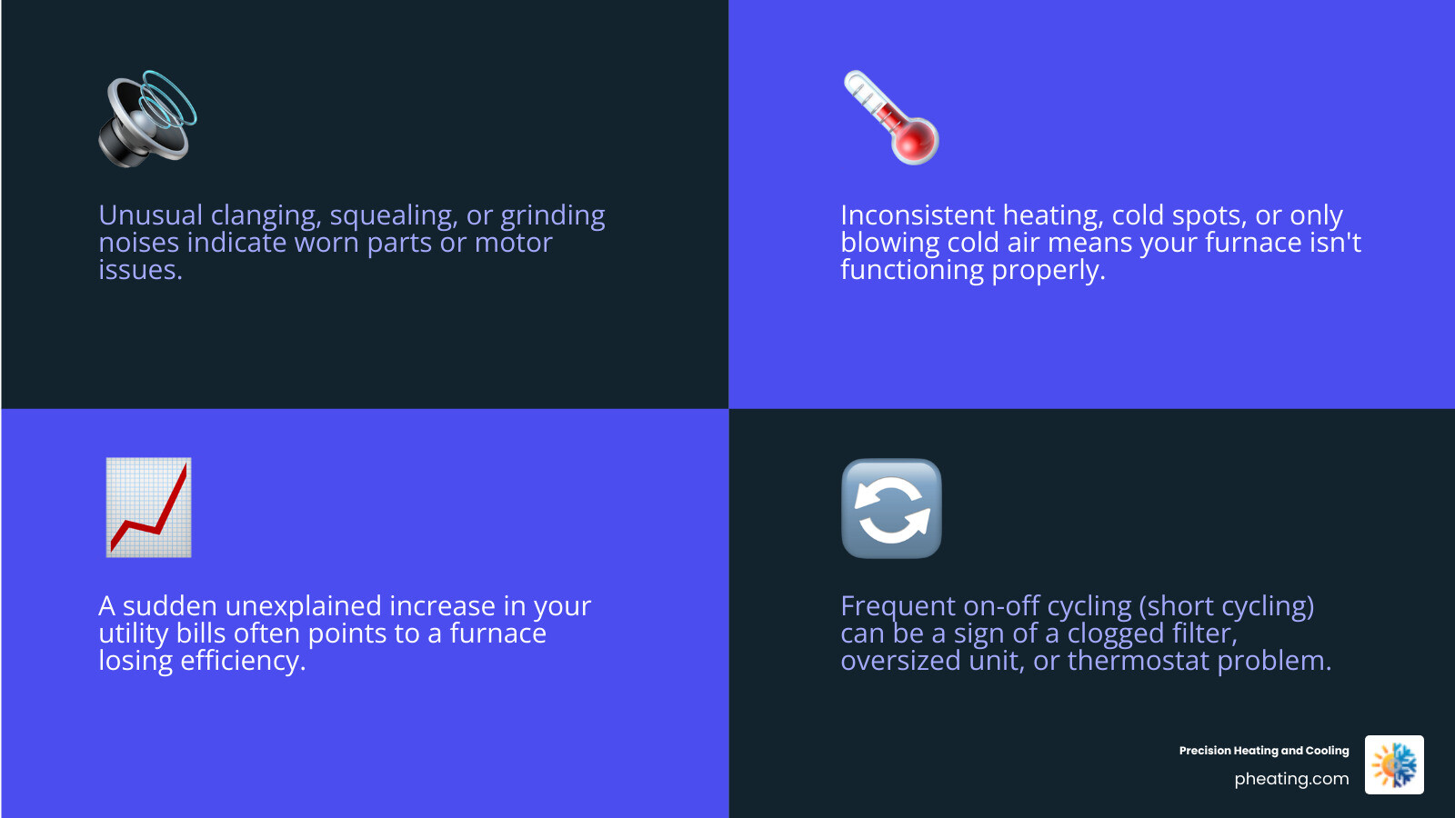 Infographic showing 7 warning signs your furnace needs repair: strange noises, unusual smells, inconsistent heating, increased energy bills, frequent cycling, cold air output, and poor air quality with corresponding visual icons - furnace repair San Jose infographic 4_facts_emoji_blue