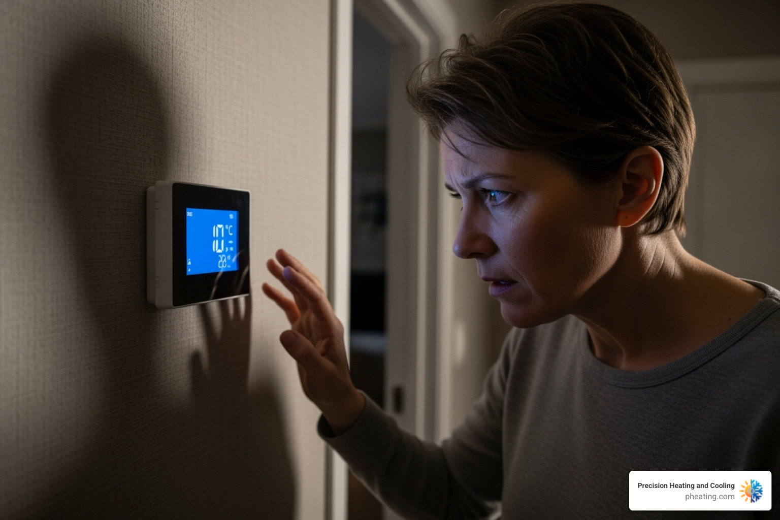 a homeowner looking concerned at their thermostat - furnace repair San Jose