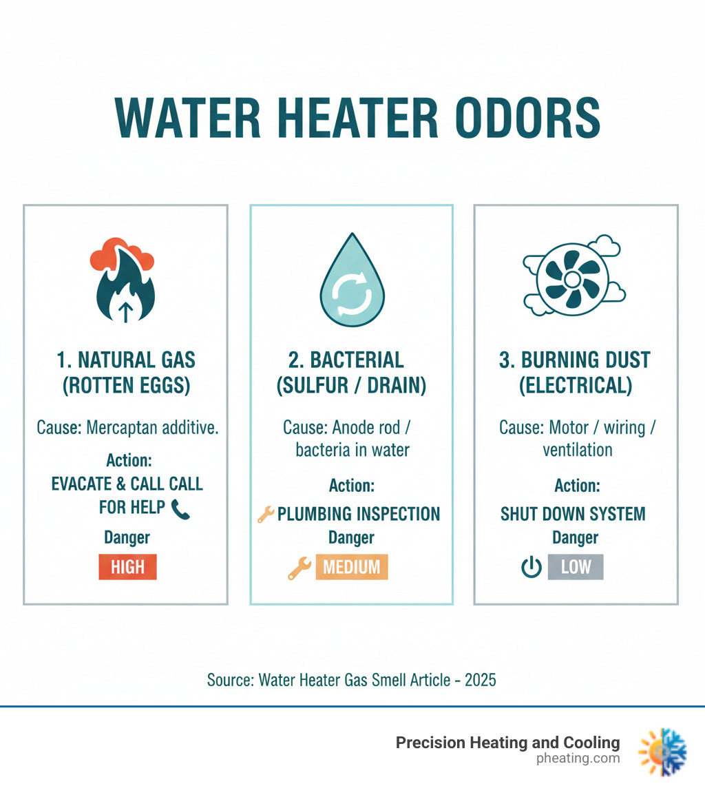 Infographic showing three distinct water heater odors: natural gas smell with mercaptan (indicating potential gas leak requiring immediate evacuation), bacterial hydrogen sulfide smell from water only (indicating anode rod or bacteria issues requiring professional inspection), and burning dust smell (indicating electrical or ventilation issues requiring system shutdown) - water heater gas smell infographic  Infographic showing three distinct water heater odors: natural gas smell with mercaptan (indicating potential gas leak requiring immediate evacuation), bacterial hydrogen sulfide smell from water only (indicating anode rod or bacteria issues requiring professional inspection), and burning dust smell (indicating electrical or ventilation issues requiring system shutdown) - water heater gas smell infographic