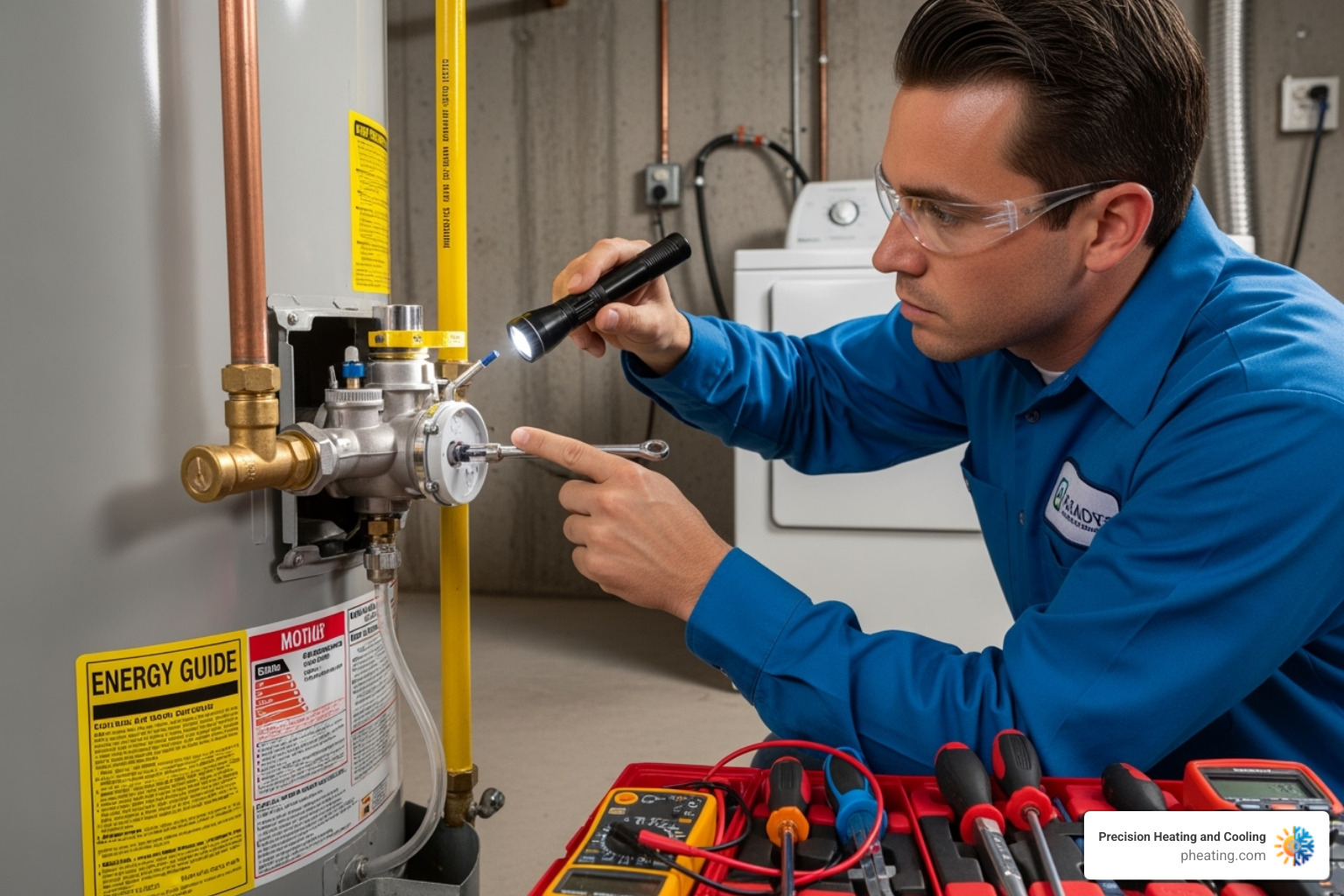 technician inspecting a water heater's gas control valve and pilot assembly technician inspecting a water heater's gas control valve and pilot assembly