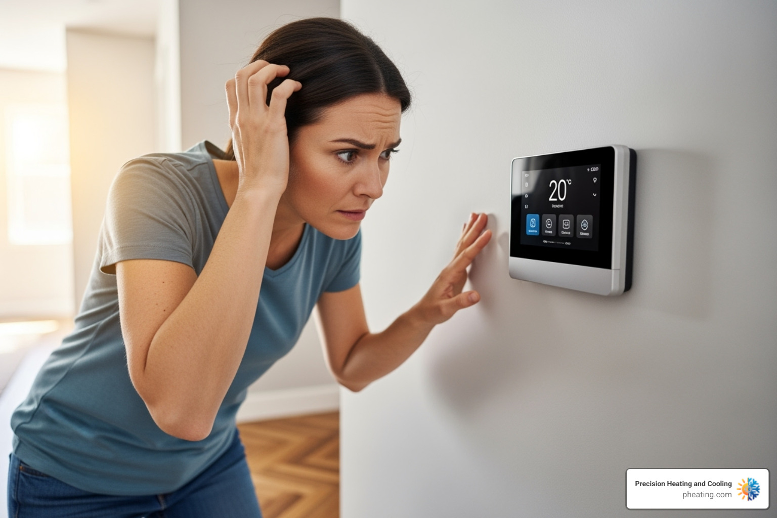 Homeowner looking quizzically at a thermostat - Santa Clara AC maintenance Homeowner looking quizzically at a thermostat - Santa Clara AC maintenance