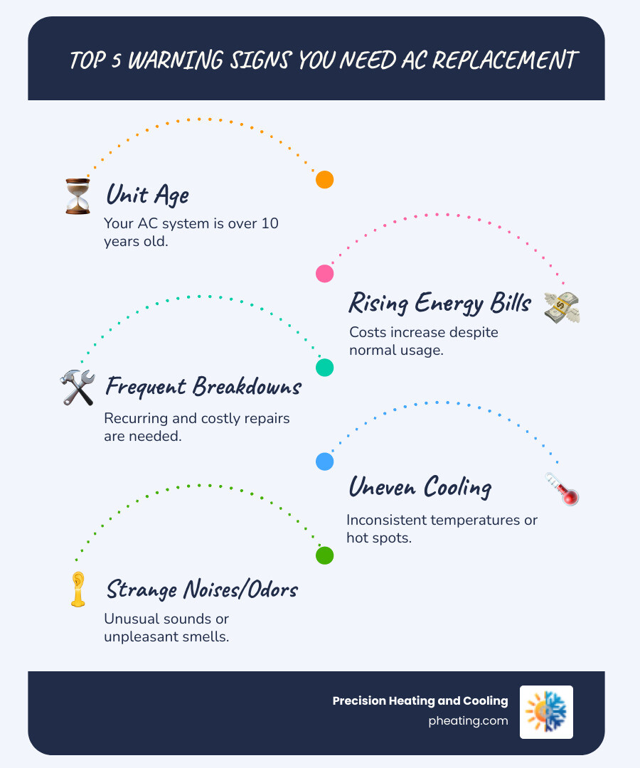 Infographic showing the top 5 warning signs that indicate you need AC replacement: system age over 10 years, frequent repairs, rising energy bills, uneven cooling, and strange noises or odors - AC replacement San Jose infographic infographic-line-5-steps-blues-accent_colors Infographic showing the top 5 warning signs that indicate you need AC replacement: system age over 10 years, frequent repairs, rising energy bills, uneven cooling, and strange noises or odors - AC replacement San Jose infographic infographic-line-5-steps-blues-accent_colors