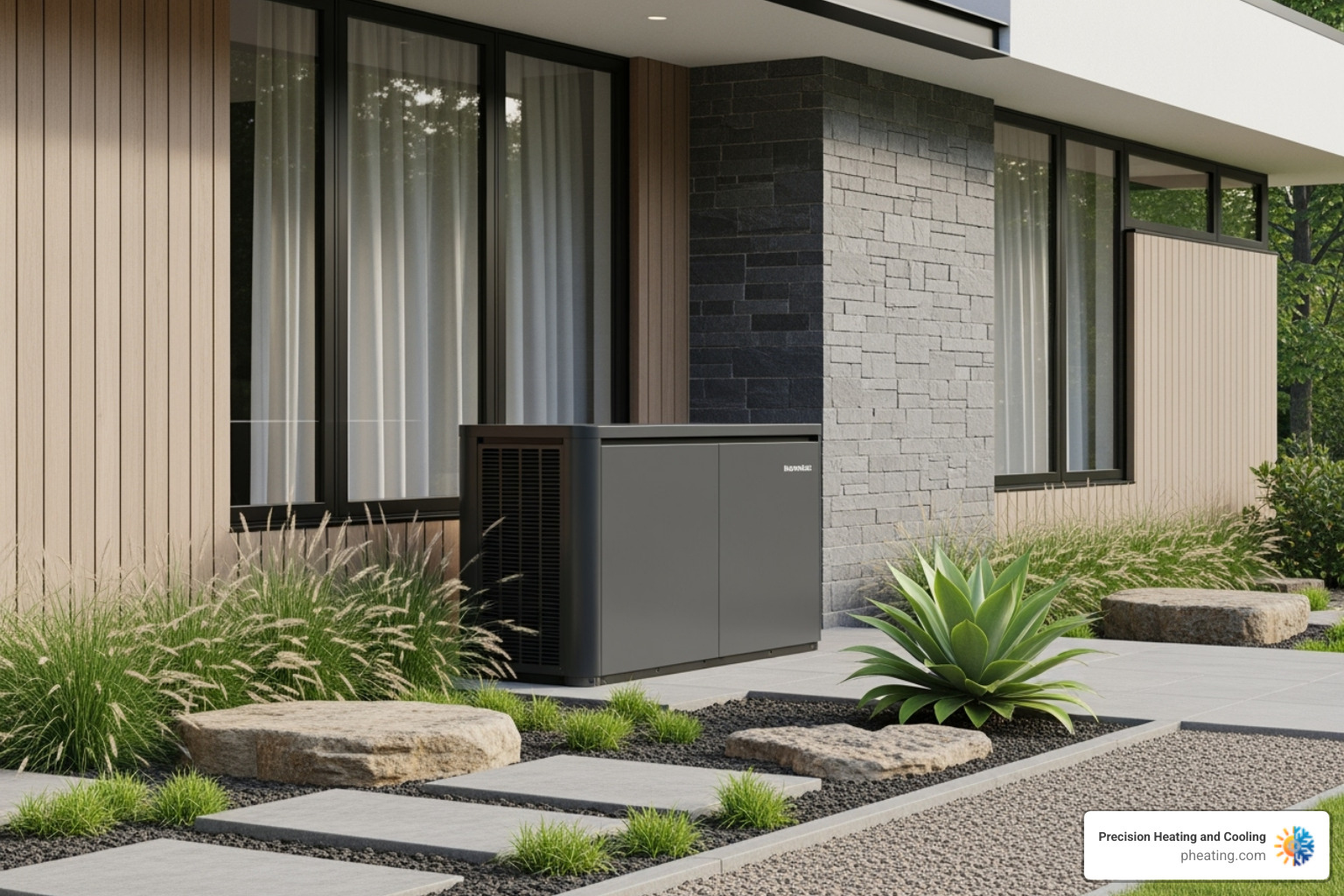 A sleek, modern outdoor condenser unit sits neatly beside a home, blending into the landscape - AC replacement San Jose A sleek, modern outdoor condenser unit sits neatly beside a home, blending into the landscape - AC replacement San Jose