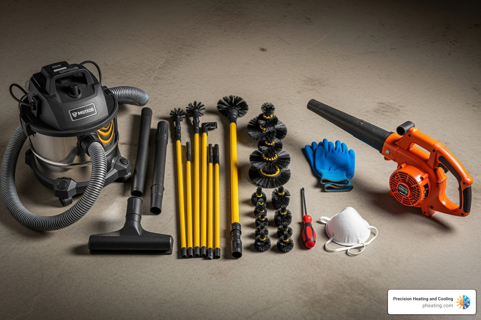 Tools for dryer vent cleaning laid out on a floor: vacuum cleaner, dryer vent brush kit with extendable rods, screwdriver, gloves, dust mask, and a leaf blower - clean clogged dryer vent Tools for dryer vent cleaning laid out on a floor: vacuum cleaner, dryer vent brush kit with extendable rods, screwdriver, gloves, dust mask, and a leaf blower - clean clogged dryer vent