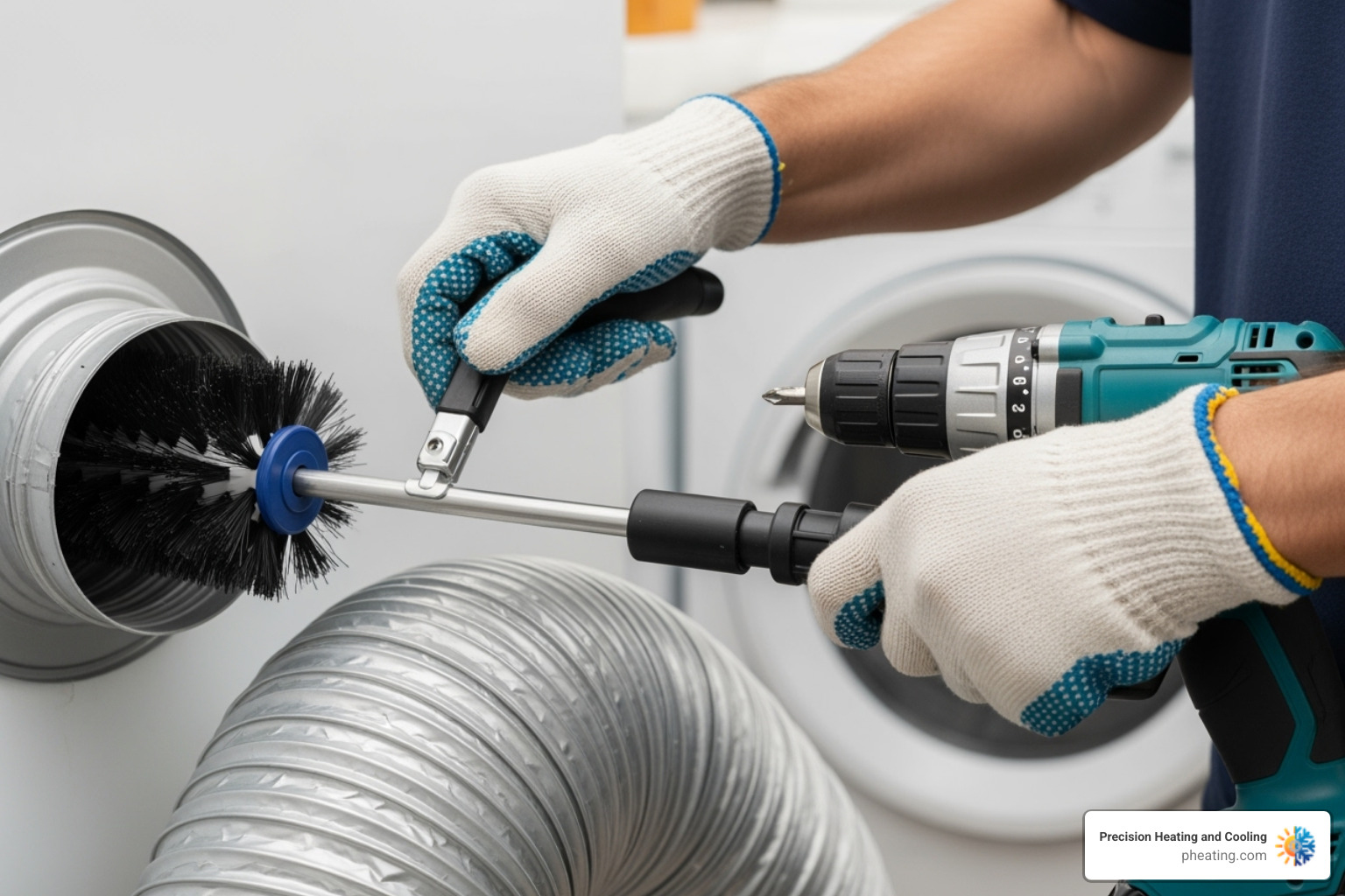 Close-up of a person using a dryer vent brush kit with extendable rods and a drill attachment, feeding it into the dryer vent duct - clean clogged dryer vent Close-up of a person using a dryer vent brush kit with extendable rods and a drill attachment, feeding it into the dryer vent duct - clean clogged dryer vent