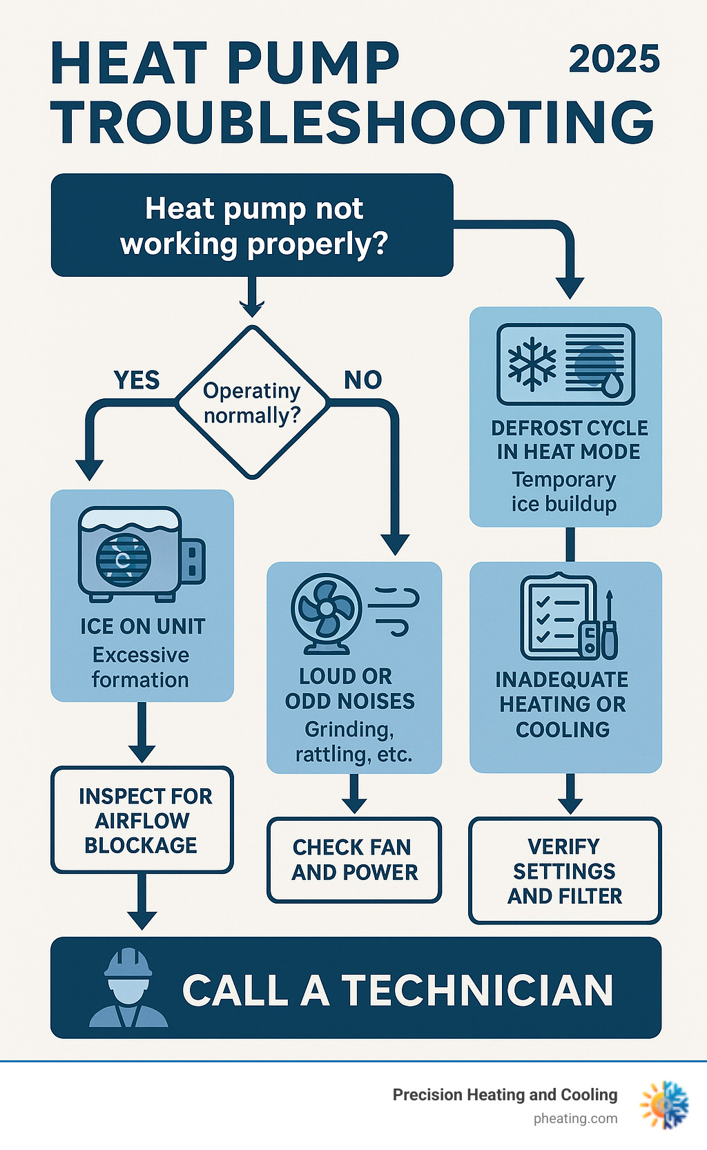 Comprehensive heat pump troubleshooting flowchart showing step-by-step diagnosis from initial symptoms through safe DIY checks to professional repair decisions, including normal vs problematic behaviors like defrost cycles, ice formation, and noise patterns - heat pump troubleshooting infographic  Comprehensive heat pump troubleshooting flowchart showing step-by-step diagnosis from initial symptoms through safe DIY checks to professional repair decisions, including normal vs problematic behaviors like defrost cycles, ice formation, and noise patterns - heat pump troubleshooting infographic