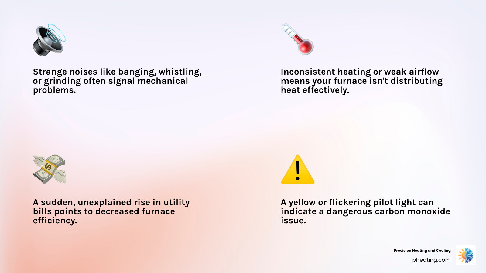 Infographic showing the top 5 warning signs your furnace needs immediate professional attention: unusual noises like banging or whistling, inconsistent room temperatures, weak or no airflow from vents, sudden increases in utility bills, and yellow or flickering pilot light flames - Affordable furnace repair infographic 4_facts_emoji_light-gradient Infographic showing the top 5 warning signs your furnace needs immediate professional attention: unusual noises like banging or whistling, inconsistent room temperatures, weak or no airflow from vents, sudden increases in utility bills, and yellow or flickering pilot light flames - Affordable furnace repair infographic 4_facts_emoji_light-gradient