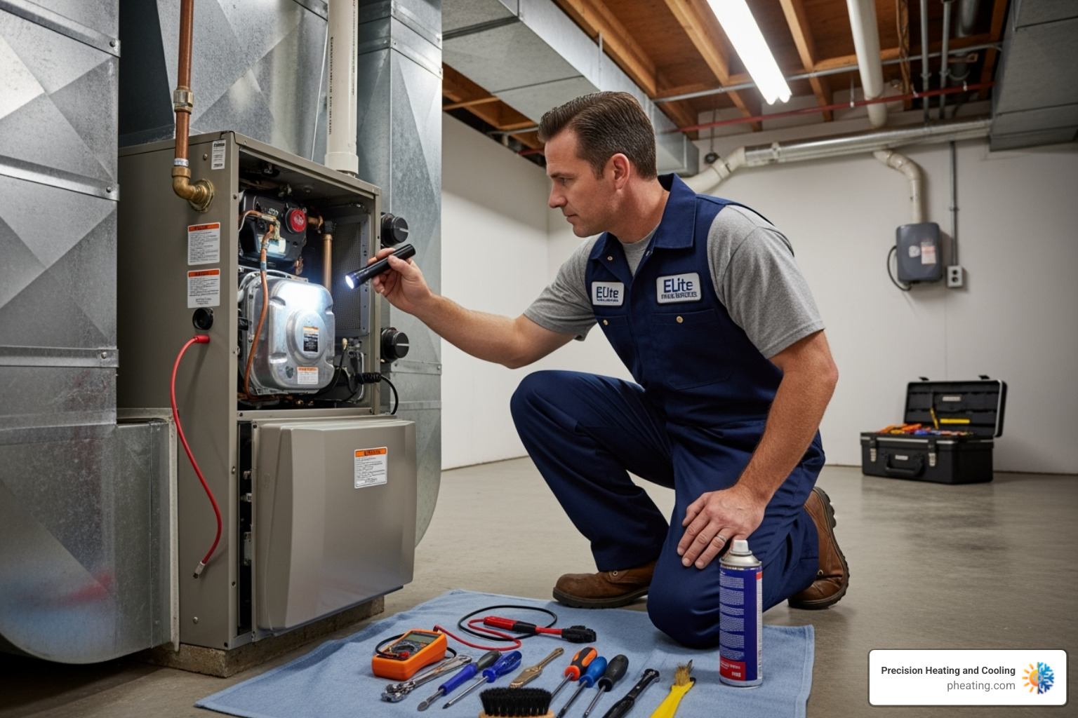 A technician performing routine furnace maintenance - Affordable furnace repair A technician performing routine furnace maintenance - Affordable furnace repair