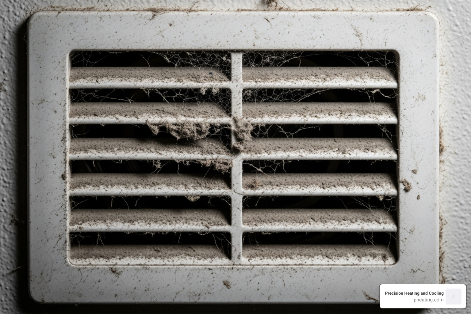 A close-up image of a dusty air vent with visible debris and cobwebs around its grilles - air duct cleaning San Jose