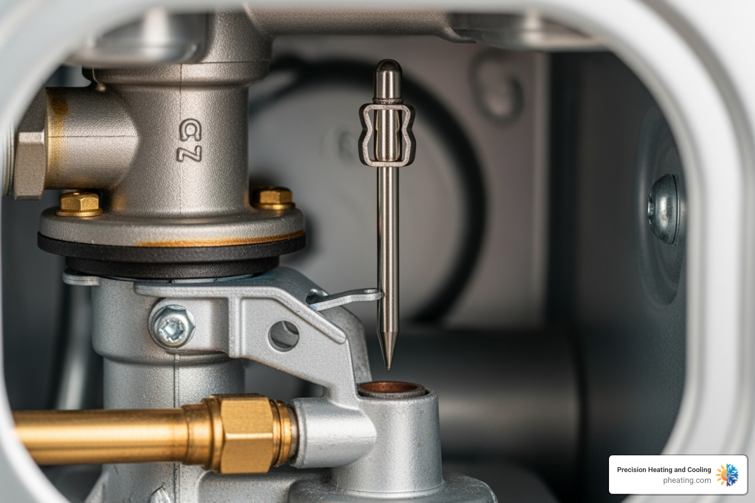 image of the new thermocouple tip positioned correctly in the pilot light bracket - water heater thermocouple replacement